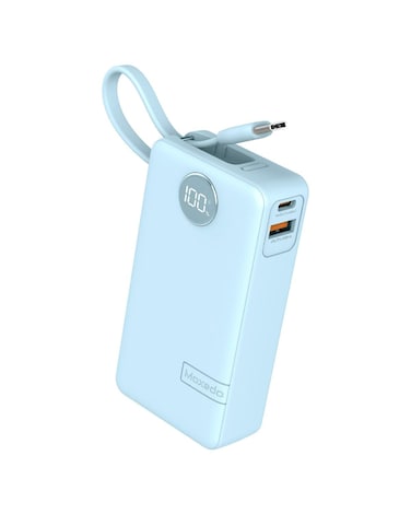 Moxedo Porta-Go+ Power Bank 10000 mAh 1 USB-C/ 1 USB-A Ports with Built-in USB-C Cable PD Fast Charging Compatible for iPhone 16/15 Series, Samsung, Huawei, Xiaomi, iPad (Blue)