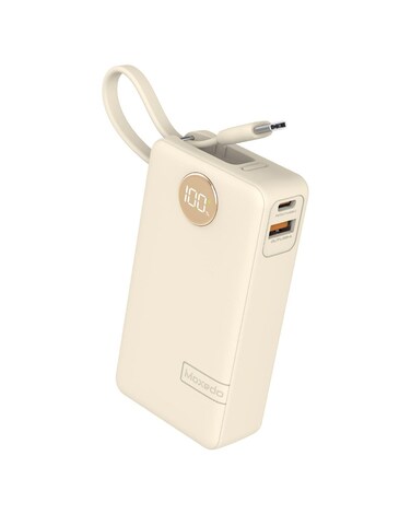 Moxedo Porta-Go+ Power Bank 10000 mAh 1 USB-C/ 1 USB-A Ports with Built-in USB-C Cable PD Fast Charging Compatible for iPhone 16/15 Series, Samsung, Huawei, Xiaomi, iPad (Beige)