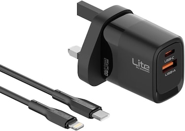 Moxedo Lite 20W GaN Charger USB-A/USB-C Ports Fast Charging PD 3.0 with USB-C to Lightning Cable 1.0 Meter Cable Compatible for iPhone 14 13 12 11 Series/XR/XS/X/8/iPad/Air Pods Series.