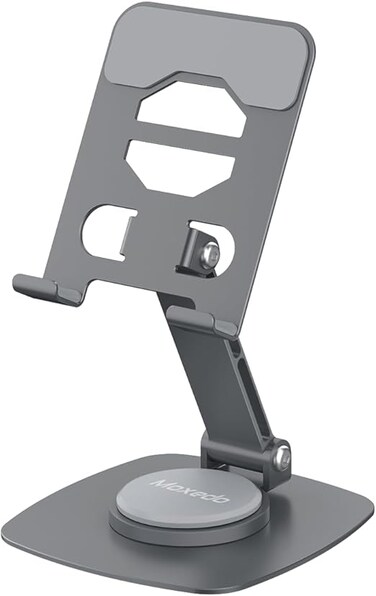 Moxedo Bi-Axial Mobile Phone Stand 360° Rotatable Height Adjustable Foldable Design Aluminum Phone Holder for Desk Compatible with Devices up to 7.0”
