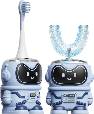 Moxedo Kids 2 in 1 U- Shaped Electric Toothbrush, 2 Brush Heads/ 2 U-Shape Brush Head, 360 Dental Oral Cleaning, 5 Ultrasonic Smart Modes, IP64 Waterproof Auto Toothbrush for Toddler- Blue