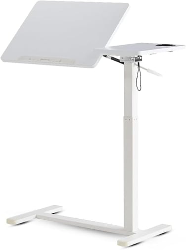 Moxedo Standix Adjustable Height Desk Ergonomic with Tilt Top Surface,Caster Wheels, Cup Holder, Device Holder, Modern Standing Desk (White)