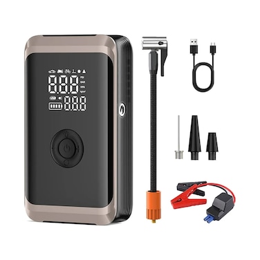 DENX جهاز نفخ إطارات ومشغل بطارية سيارة 4 في 1، باور بانك وضاغط هواء 150 PSI، شاشة LED رقمية، بطارية قابلة للشحن، أوضاع ذكية مسبقة، مصباح LED للطوارئ للسيارات والدراجات