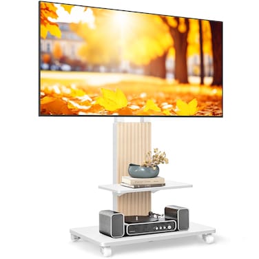 Heavy Duty Mobile TV Stand for 50&ndash;86 Inch TVs, Height Adjustable, VESA 800x600 mm, 68 kg Capacity, AV Shelf, Lockable Wheels, White &amp; Oak