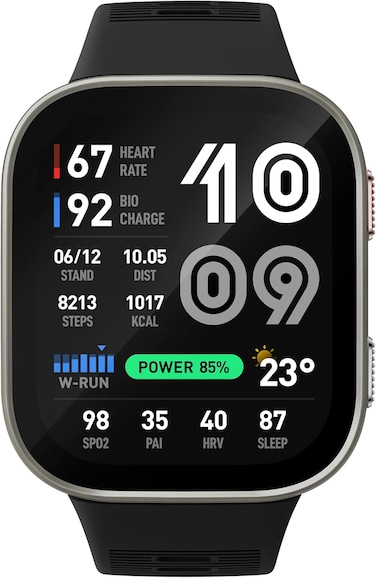 Amazfit Bip Max، شاشة AMOLED بحجم 2.07 بوصة، بطارية تصل إلى 20 يوما، GPS، سعة تخزين 4 جيجابايت، خرائط غير متصلة، جهاز تتبع اللياقة البدنية، تدريب هجي رياضة، وضع HYROX، غلاف فضي وحزام أسود - نسخة دولية