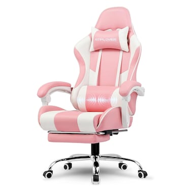 GTPLAYER #1 USA Gaming Chair, Ergonomic High Back Reclining &amp; Height Adjustable PU Leather Computer Chairs with Massage Cushion, Adjustable Neck &amp; Lumbar Support, Armrests, Footrest (Pink)