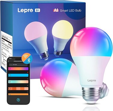 Lepro B1 AI Smart Bulb E27, 806LM 8.5W (Replace 60W), Music Sync Bluetooth &amp; WiFi Bulb, Voice Control Screw Light Bulbs, Personalized AI Lighting Designer, Work with Alexa &amp; Google Assistant, 2 Packs