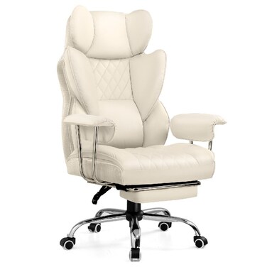 GTPLAYER Big &amp; Tall Home Office Chair with Pocket Spring Lumbar Support, Ergonomic Comfortable Wide Office Desk Computer Gaming Chair with Outward Fixed Soft Armrests &amp; Footrest (PU Leather, Beige)