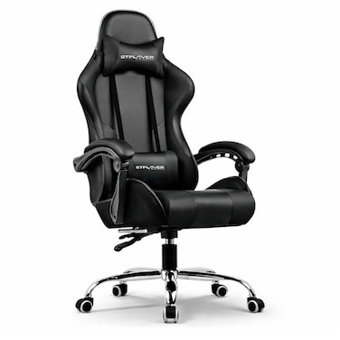 كرسي الألعاب المريح GTPLAYER رقم 1 في أمريكا، يأتي مع وسادة دعم قطني ومسند رأس وذراعين قابلين للتعديل. بتصميم عصري يناسب اللعب والعمل من جلد PU (أسود).
