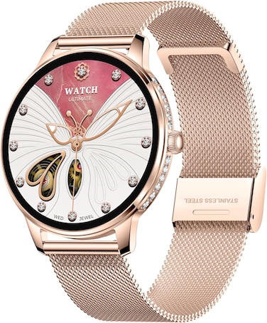 G-TAB GLR4 Women&rsquo;s Smartwatch 1.19" AMOLED Touch Screen, Bluetooth Calling, NFC, Fitness Tracker, Health Monitoring, Notification Alerts, Waterproof Ladies Smart Watch for Girls Rose Gold