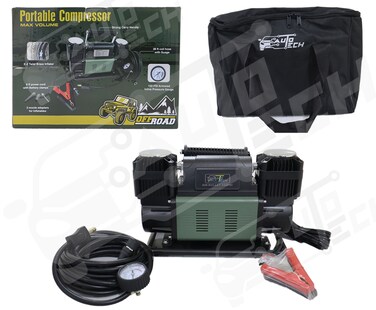 Al Khateeb AutoTech Ultra Heavy Duty 300L/Min Dual Cylinder Air Compressor   2x60mm High Performance Cylinders   150 PSI Max Pressure   Includes Metal Dust Air Blow Gun   12V Pro Grade for Truck, 4x4, RV &amp; Commercial