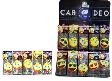 Paloma Emo! Premium Hanging Air Freshener (90-Piece Display)   Mixed Emoji Selection Card Scents: New Car, Vanilla Dream, Bubble Gum, Black Diamond, Lilac Garden   Bulk Professional Retail Display
