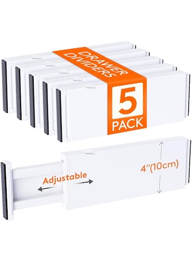Lifewit 5 Pack Drawer Dividers 4" High, 11-17" Adjustable Dresser Drawer Organizers for Clothes, Expandable Dresser Separators in Bedroom/Bathroom/Kitchen/Vanity/Office Organization and Storage, White