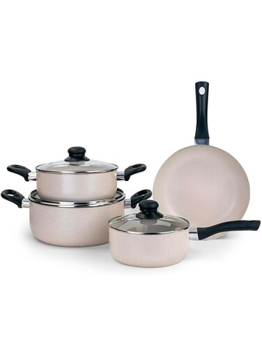 Wilson 7pcs Aluminum Non-Stick Marble Coating Cookware Set - Durable Exterior, Heat Resistant Handles, Tempered Glass Lids - Ideal for Healthy Cooking Cream Color