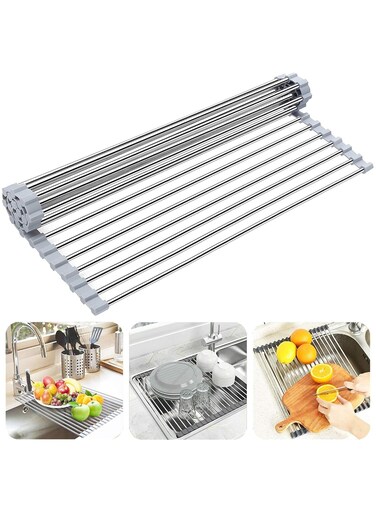 Up Dish Drying Rack Over Sink Drying Rack Sink Cover Kitchen Sink Accessories Gadget Multipurpose Organizer Foldable Stainless Steel Drainer Grey(21" x 15.5")