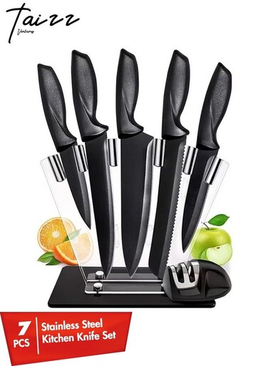 Ventures 7 Pcs Kitchen Knife Set with Sharpener - High Carbon Stainless Steel Knife Block Set with Ergonomic Handles - Black