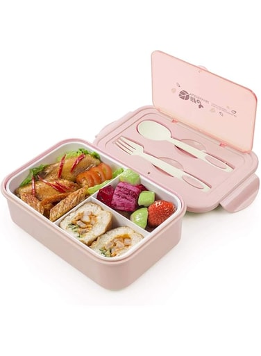 Bento Box for Kids &amp; Adults, 1400ml Lunch Container with Spoon &amp; Fork, Reusable 3-Compartment Divided Food, Durable, Leak-Proof, BPA-Free and Food-Safe Materials, Microwave &amp; Dishwasher Safe (Pink)