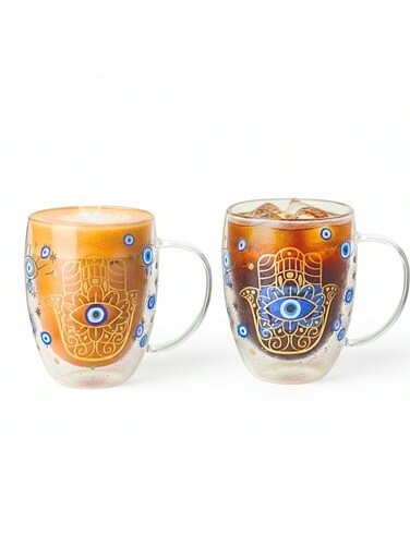 Set of 2- 350ML Borosilicate Double Wall Evil Eye Theme Printed Drinking Coffee Tea Mug with Handle