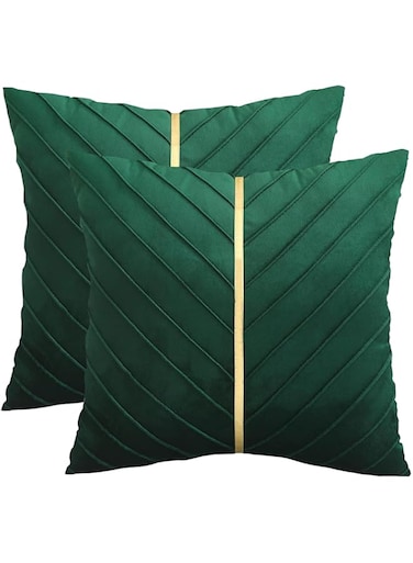 Tosleo Dark Green Velvet Throw Pillow Covers 18x18 inch Pack of 2 with Gold Leather Home Decorative Cushion Cases Luxury Modern Pillow Covers for Sofa Bedroom Livingroom Car