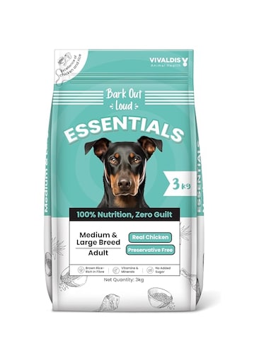 BARK OUT LOUD ESSENTIALS , Vivaldis - Adult Dry Dog Food, Tailored Nutrition for Medium Large Breeds, Chicken &amp; Egg, Kibbles with Prebiotics, Fish Oil for Immunity (3kg)