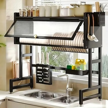 Heavy Duty Over The Sink Dish Drying, 3 Tier Metal Over The Counter Dish Drying Rack with Dust-Proof Cabinet, Height Large Drainer with Utensil Holder for Kitchen