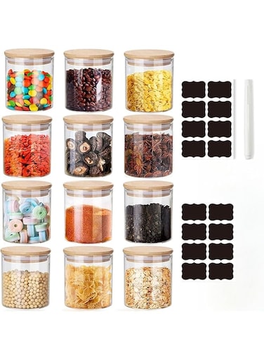 KUAIJI 12 Pack 9.47 oz(280 ML) Glass Jars Wooden Airtight Lids and Labels, Food Cereal Storage Small Spice Containers for Home Kitchen Tea Coffee Spice Sugar (12-pack 280 ML)