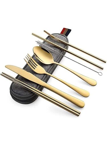Arabest Portable Utensils, Travel Camping Cutlery Set, 8-Piece including Knife Fork Spoon Chopsticks Cleaning Brush Straws Portable Case, Stainless Steel Flatware set (Gold)