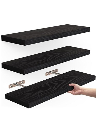 Set of 3 Floating Shelves Wall Mounted Rustic Black Wood Shelf Set, Decorative Storage Shelves with Invisible Brackets for Bathroom, Bedroom, Living Room, Kitchen and Office
