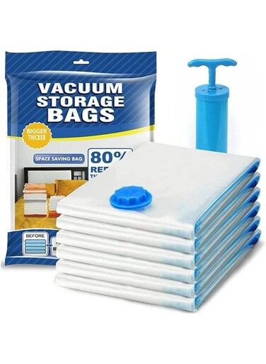6Pack Reusable Vacuum Storage Bags with Hand Pump, Space Saver Compression Bags for Travel and Home, for Clothes, Bedding, Duvets and Pillows, 1 Jumbo, 2 Large, 3 Medium