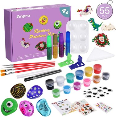 55pcs Rock Painting Kit for Kids - DIY Arts and Crafts Set for Girls, Boys- Fun Outdoor Activities w/6 Stones, 4 Painted Wood, 12 Acrylic Paints, 2 Brushes, 16 Googly Eyes