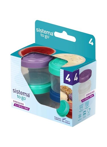 Sistema Dressing To Go Containers Set of 4, Pink, Green, Purple &amp; Blue - H3.74 x W1.89 x D 2.79 inches