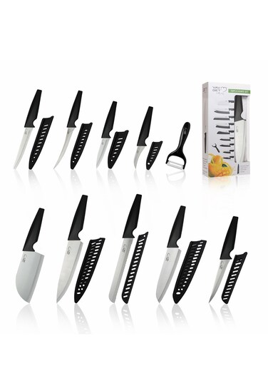 GET Premium 18-Piece Black Stainless Steel Knife Set, Non-Slip Comfort Handles, Sharpened Chef Knives, Fruits &amp; Vegetable Peeler Included, Ideal for Home &amp; Professional Kitchen