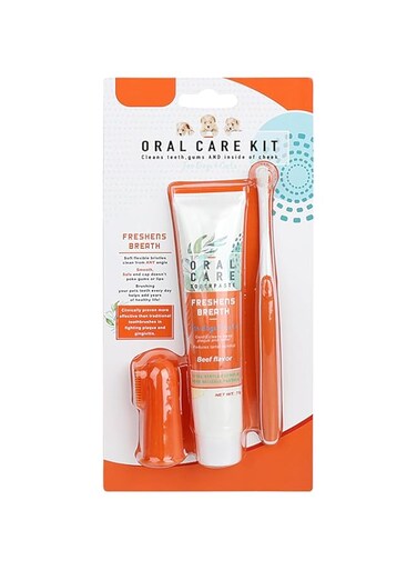 Dog Toothbrush and Toothpaste, Puppy Dental Kit, Teeth-brush for Dogs, Doggy Cat Tooth-brush and Teethpaste Puppy Finger Teeth cleaner Freshen Breathe Long Handle Teeth-brush Remove Plaque Beef Flavor