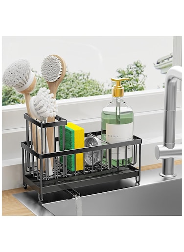 Sponge Holder for Kitchen Sink, Sink Caddy with High Brush Holder, Organzier Rustproof 304 Stainless Steel Dish Organizer Divider, Soap Dispenser Storage