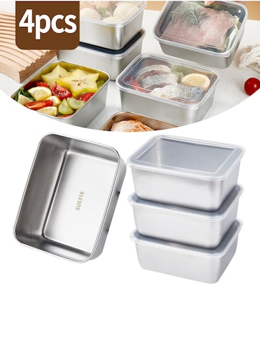 4PCS Stainless Steel Crisper, Refrigerator Crisper, Stainless Steel Lunch Box, Portable Food, Fruit, Snack Organiser, Sealed Organiser