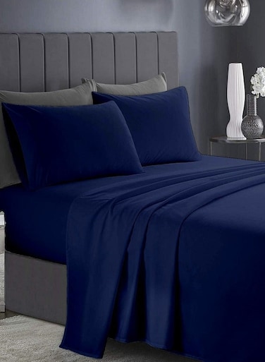 3 Piece Bedsheet Set Twin Size Navy Blue Colour  1 Flat Bedsheet - 160x240 cm, 2 Pillowcases - 50x75 cm Non allergic Microfiber for year-around use.