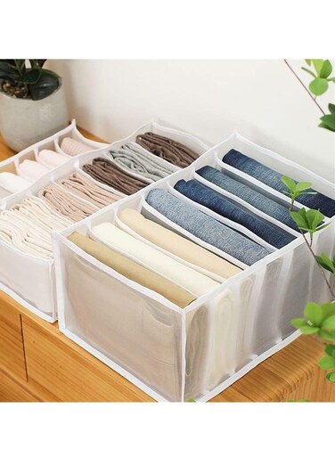 7-Grid Folding Drawer Organizers - Mesh Storage Box for Closet, Perfect for Pants, Jeans, T-Shirts, Leggings &amp; Shirts (White)