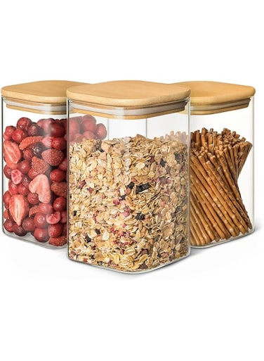 Praknu Glass Storage Jars with Bamboo Lid - Set of 3 Square Food Storage Jars - Airtight Glass Jar - 1000ml - Dishwasher Safe