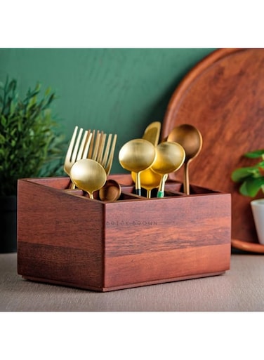 Brick Brown &reg; Premium Handcrafted Wooden Spoon stand for kitchen   cutlery holder for dining table   wooden caddy storage organiser stand with 5 section Mahogany Finish(8.75x6x4.5 inch)