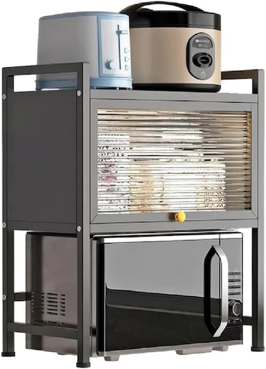 Microwave Stand with Enclosed Cabinet Doors   Dustproof Kitchen Countertop Shelf Organizer   Multi-Tier Storage Rack for Oven, Seasonings, Dishes &amp; Small Appliances