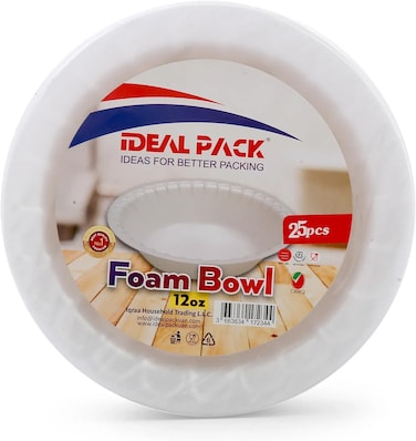 Ideal Pack Foam Bowl, 12oz, Pack of 25pcs, White