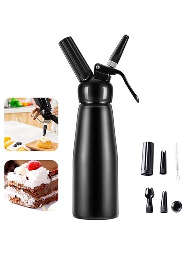 Whipped Cream Dispenser Professional Aluminum Culinary Canister Cream Whipper, Durable Stainless Steel Leak-Free Seals with 3 Decorating Nozzles Cream Foam Maker for Cake Dessert Coffee (500ml, Black)