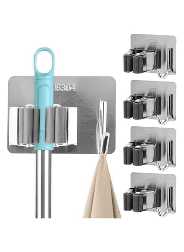 Generic 4Pcs Broom and Mop Holder, Stainless Steel Broom Storage Holder, Self Adhesive Anti-Slip Command Broom Holder Wall Mount, Mop Gripper with Hook for Kitchen Bathroom Closet Garden Garage