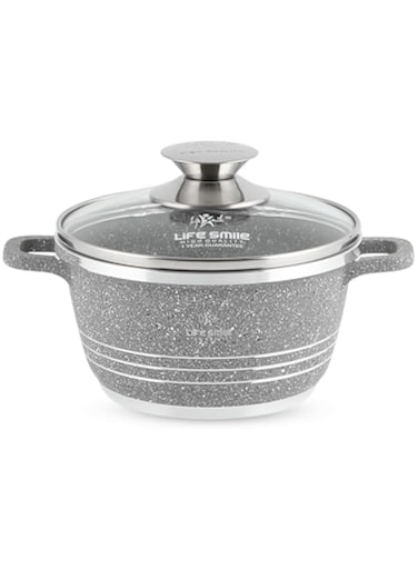 LIFE SMILE Cooking Pot With Lid   aluminum Soup Pot With Glass Lid   100% PFOA Free, Fixed Handle   Multi Layer Non-Stick Granite Coating   oven safe (16CM (1.5 Liters), Grey)