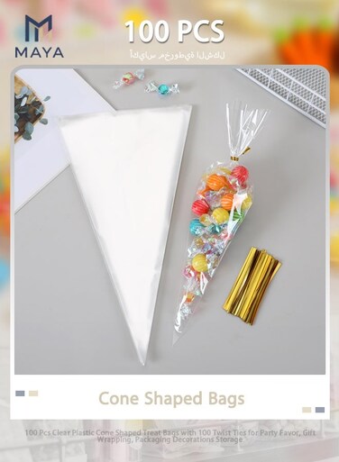 100 Pcs Clear Plastic Cone Shaped Treat Bags with 100 Twist Ties for Party Favor, Packaging Decorations Storage