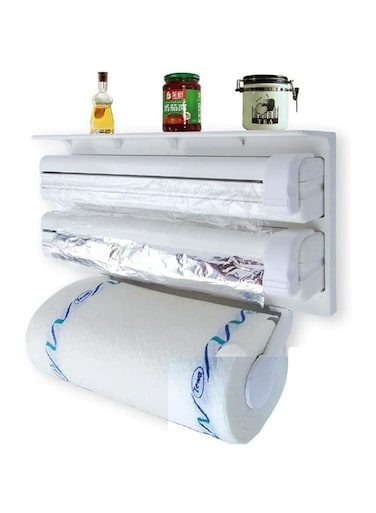 by Misbah 4-in-1 Wall-Mount Paper Towel Holder   Plastic Wrap and Foil Dispenser with Spice Rack   White