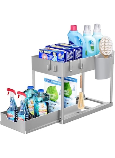 Puricon Kitchen Under Sink Organizer, 2-Tier Under Sink Organizer, Under Sink Organizer Multi-Purpose Under Sink Storage for Kitchen Bathroom &ndash; Grey