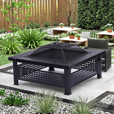 Garden Fire Pit Charcoal BBQ Table Outside Wood Burning Heater Square Stove Black