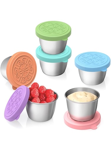 CasaCulina 6x2.4 oz Salad Dressing Container To Go, Small Stainless Steel Sauce Cups with Leakproof Silicone Lids, Condiment Containers with Lids, Reusable Sauce Containers for Lunch Boxes, Travel