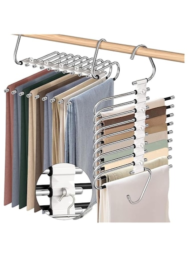 Aokraty 2 Pack Upgrade 9 Layers Pants Hangers, Non Slip Stainless Steel Multifunctional Pants Rack S-Type Clothes Pant Closet Hanger Organizer with Hooks for Pants Jeans Trousers Skirts (Black)